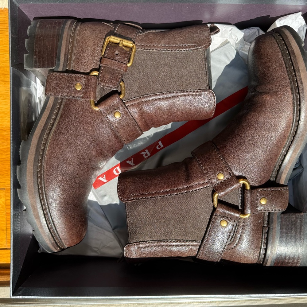Prada Women’s Dark Brown Leather Boots with Gold Buckles